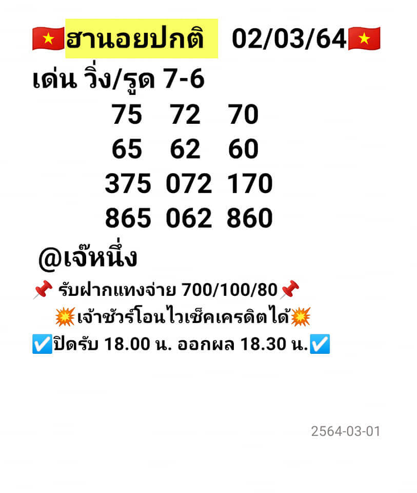 หวยฮานอยวันนี้ 2/3/64 ชุดที่4