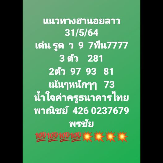 หวยลาววันนี้ 31/5/64 ชุดที่3