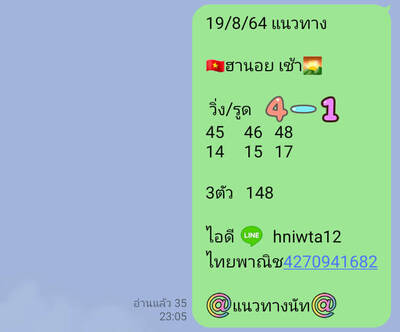 หวยฮานอยวันนี้ 19/8/64 ชุดที่ 6