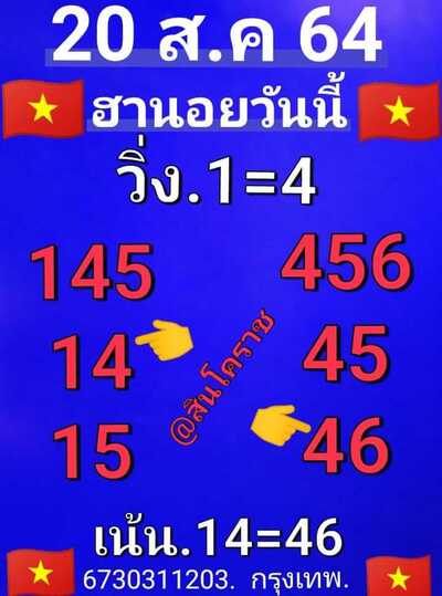 หวยฮานอยวันนี้ 20/8/64 ชุดที่8