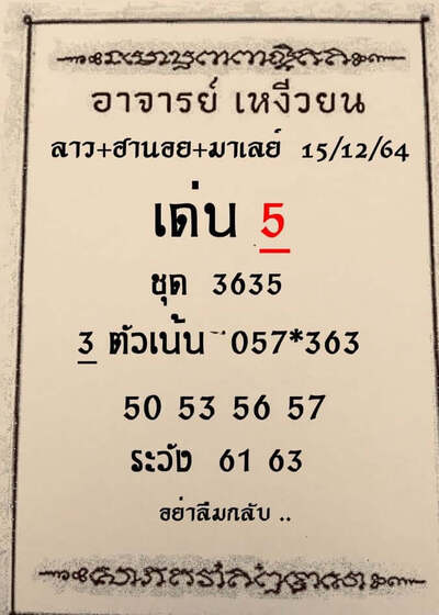 หวยมาเลย์วันนี้ 15/12/64 ชุดที่3