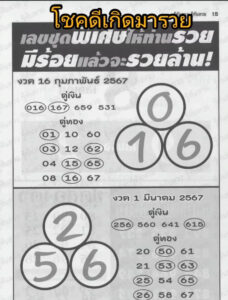 หวยคู่เงินคู่ทอง 16/2/67